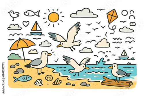 Seagulls and Surf. Birds at the beach. Hand-drawn doodle illustration seagulls (colored), wings spread (colored), sky (colored), clouds (colored),