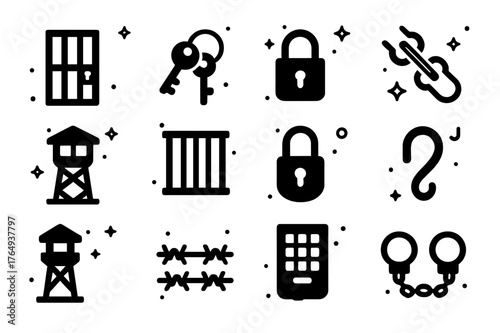 Prison Icons Set. Prison Items. Solid icons set of Prison Items: cell door, keys, padlock, chains, guard tower, bars, lock, hook, keypad, watchtower, fence,
