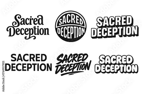 Creative Lettering Grid. Sacred Deception. Set lettering. harmonious lettering variations of the same emblematic concept (Whimsical curly type with flourishes,