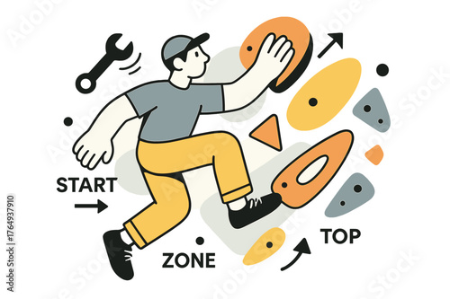 Climbing Route Creation. Route Setter at Work. A wrench spins as a setter places a bright sloper; arrows label ?Start / Zone / Top.? Holds float in a playful