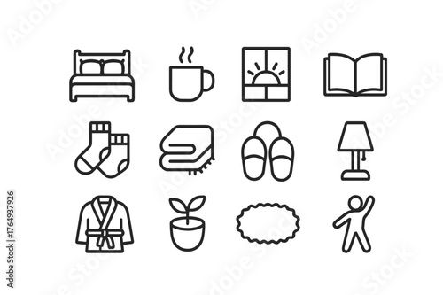 Morning Comfort Icons. Morning Comfort. Line icon set of Morning Comfort: bed with pillows, steaming mug, sunrise window, open book, warm socks, blanket,