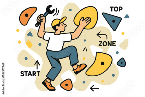 Route Setter's Craft. Route Setter at Work. A wrench spins as a setter places a bright sloper; arrows label ?Start / Zone / Top.? Holds float in a playful