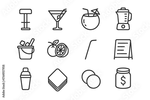 Pool Bar Icons. Pool Bar. Line icon set of Pool Bar: bar stool, cocktail glass, coconut drink, blender, ice bucket, fruit garnish, straw, menu board, shaker,