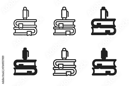 School Supplies Logos. School supplies shopping list. Set Logo of School supplies shopping list: stacked books with sticky notes and pen topper. harmonious
