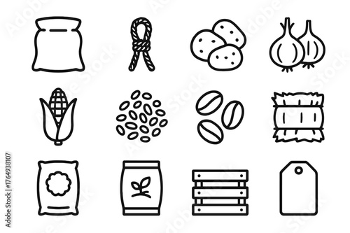 Rustic Storage Icons. Rustic storage. Line icon set of rustic storage: burlap sack, tied rope, potatoes, onions, corn, wheat grains, coffee beans, hay, seed