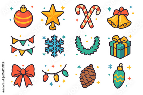 Yuletide Ornament Icons. Yuletide ornaments. Colorful isometric vector icons set of yuletide ornaments: baubles, star topper, candy canes, bells, garlands,