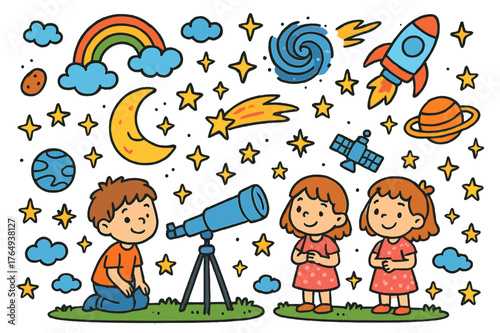 Stargazing Adventure Icons. stargazing. Colorful Hand-drawn doodle Children illustration stargazing stars, moon, telescope, night sky, planets, comet, galaxy,