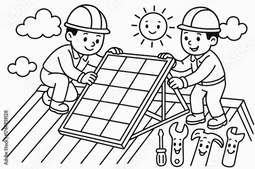 Solar Panel Installation. Installing solar panels safely children?s coloring book illustration, outlined drawing, two workers wearing helmets securing a panel