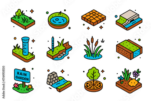 Urban Water Solutions Icons. Water-sensitive urban design. Colorful isometric vector icons set of Water-sensitive urban design: bioswale, retention pond,