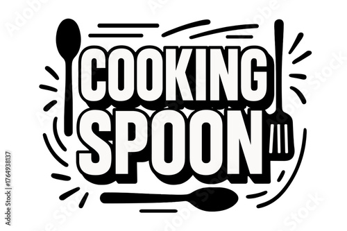 Cooking Spoon Typography. Bold Block Lettering ? "Cooking Spoon" in massive bold geometric letters, stacked block composition, heavy outlines with subtle drop