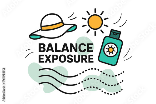 Sun Protection Essentials. Sun Protection Awareness. A sunhat and lotion bottle hover beside a glowing sun icon; ?Balance Exposure? text floats near dotted