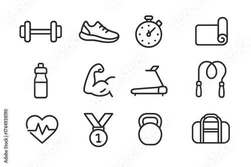 Motivational Fitness Icons. Motivational fitness. Line icon set of motivational fitness: dumbbell, running shoe, stopwatch, yoga mat, water bottle, flexed
