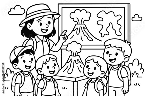 Volcano Field Trip. Volcano field trip children?s coloring book illustration, outlined drawing, cheerful kids with a guide looking at a model volcano and map