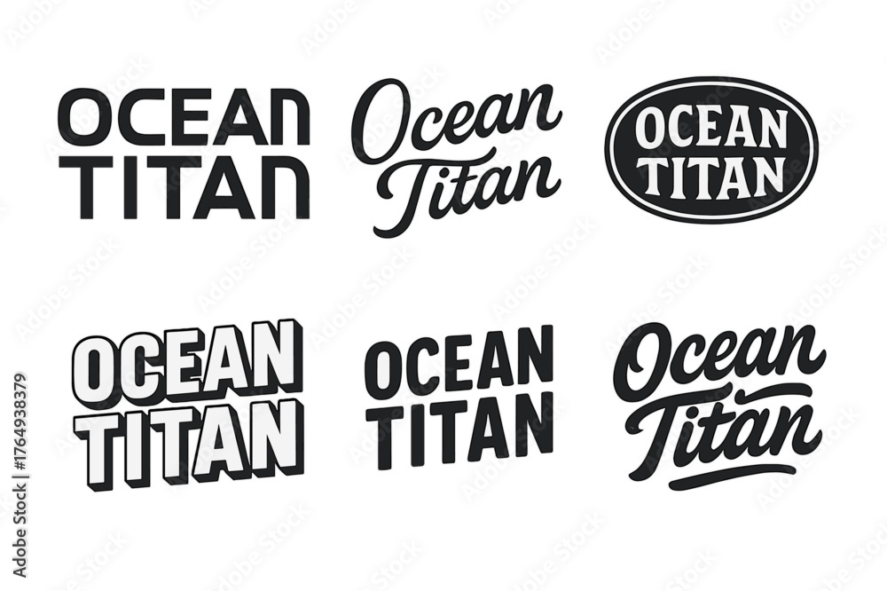 Fototapeta premium Ocean Titan Lettering Variations. Ocean Titan. Set lettering. harmonious lettering variations of the same emblematic concept (Abstract geometric letterforms,