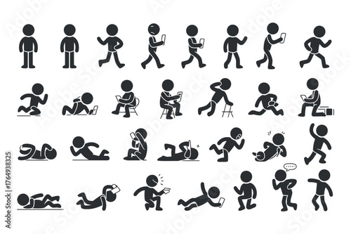 Stick Figure People Diverse Poses Set Illustration. Walking, Running, Sitting with Mobile Devices Pictogram Icons Symbols