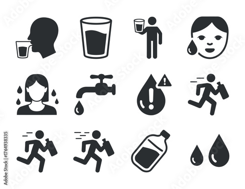 Stay Hydrated Vector Icon Set: Thirst, Water Source, Emergency, and Physical Activity