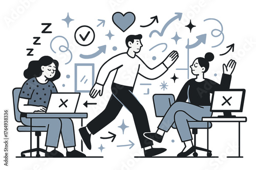 Digital Detox Environment. Digital detox for employees. Office room with devices turned off and abstract floating icons, arrows, and sparkles; conveys mental