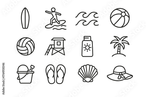 Coastal Activity Icons. Coastal activities. Line icon set of coastal activities: surfboard, surfer, waves, beach ball, volleyball, lifeguard tower, sunscreen