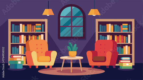 A cozy reading nook with bookshelves and comfortable chairs perfect for a book club meeting.