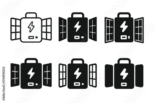 Off-Grid Living Logos. Off-grid living solutions. Set Logo of Off-grid living solutions: a portable solar generator with foldable panels. harmonious logo