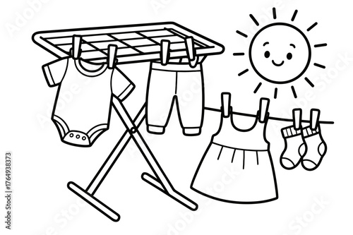 Baby Clothes Drying. Drying rack for baby clothes children?s coloring book illustration, outlined drawing, baby outfits and socks clipped to a small drying