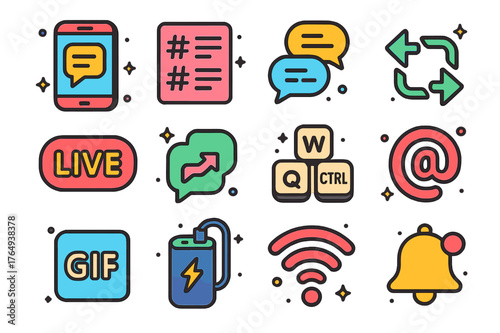 Colorful Tweeting Icons. Live tweeting essentials. Colorful isometric vector icons set of Live tweeting essentials: phone with tweet composer,