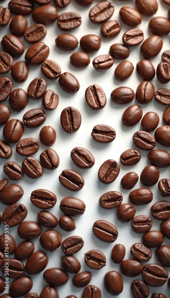 Obraz premium Illustration presents roasted coffee beans scattered on a white background. Close up photo of dark brown beans. The image shows fresh, natural coffee elements. Perfect for advertising banners.
