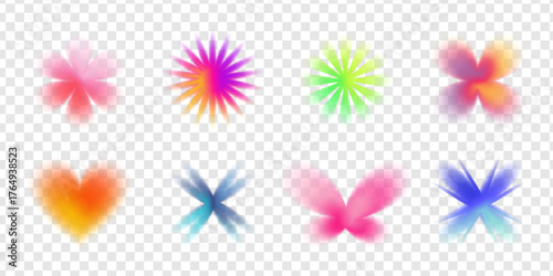 Abstract Y2K gradient flowers and stars with soft blur and sparkly texture. Pink, blue, and purple tones with grain and glow. Perfect for trendy vector backgrounds and digital posters.