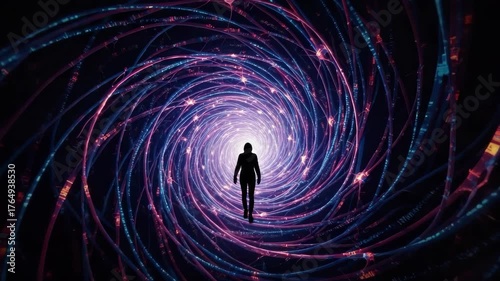 Silhouette journey through vibrant cosmic vortex with dramatic light and motion