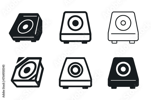 Theater Sound Logos Grid. Theater sound design. Set Logo of Theater sound design: Stage monitor speaker. harmonious logo variations of the same emblematic