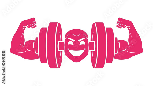 Fitness Icon: a vibrant pink barbell, its plates embellished with muscular arms, embodies strength and health with a smiling face at its center.