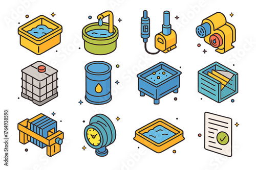 Industrial Wastewater Icons. Industrial wastewater control. Colorful isometric vector icons set of Industrial wastewater control: equalization tank,