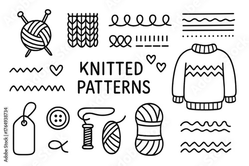 Knitted Icons Illustration. Knitted patterns. Hand-drawn doodle illustration knitted patterns yarn ball, needles, loops, stitch lines, sweater, scarf, zigzag,