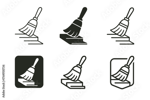 Sweeping Logo Variations. Sweeping the stairs. Set Logo of Sweeping the stairs: Hand broom brushing wooden steps. harmonious logo variations of the same