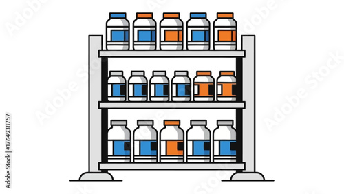 Medicine cabinet arrangement: Display of medicine bottles arranged neatly on shelves, offering a clear visual representation of health and wellness, designed for easy access and organization.