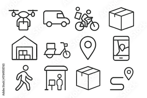 Smart Last-Mile Icons. Smart last-mile. Line icon set of smart last-mile: drone, delivery van, bicycle courier, package, warehouse, scooter, map marker,