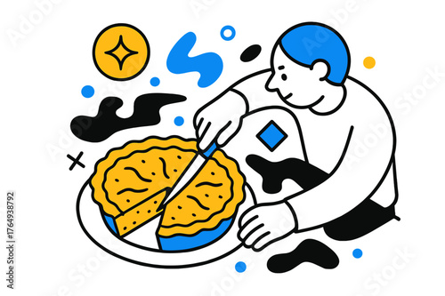 Slicing Homemade Pie. A Person Slicing into a Homemade Pie with Flaky Crust and Delicious Filling. Overhead view of a pie with a slice being cut, floating