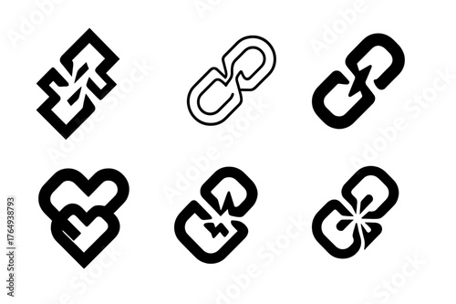 Reforged Resilience Logos. Resilience. Set Logo of Resilience: Broken chain reforged. harmonious logo variations of the same emblematic concept, each with