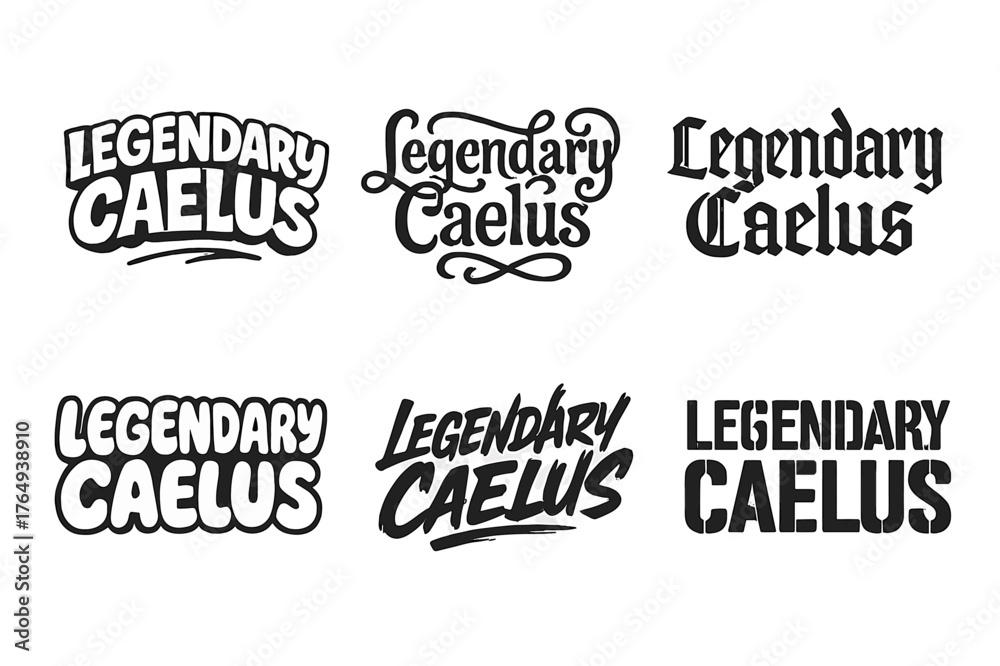 Obraz premium Diverse Lettering Styles. Legendary Caelus. Set lettering. harmonious lettering variations of the same emblematic concept (Funky cartoon-style lettering,