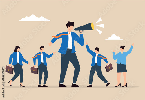 Flat illustration of businessman leader with megaphone guide team toward success motivating them to achieve goals