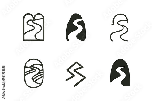 River Flow Logos. Graphic design trends ? nature-inspired design. Set Logo of river flow: winding water path. Icon set. harmonious logo variations of the same