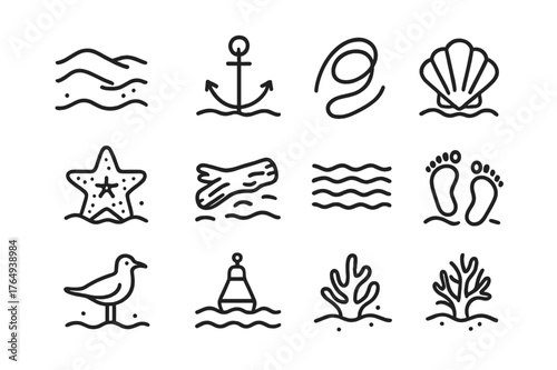 Sandy Seabed Icons. Sandy seabed. Line icon set of sandy seabed: sand, anchor, rope, seashell, starfish, driftwood, waves, tide, footprints, seagull, buoy,