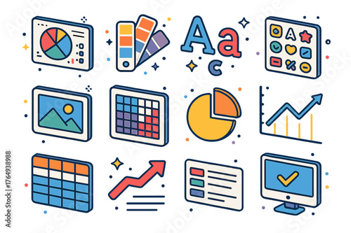 Isometric Presentation Icons. Presentation visuals and data. Colorful isometric vector icons set of Presentation visuals and data: infographic panel, color
