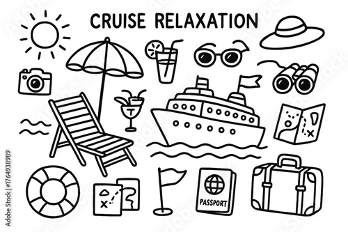 Cruise Relaxation Doodles. Cruise Relaxation. Hand-drawn doodle illustration Cruise Relaxation deck chair, cruise ship, sun umbrella, cocktail, waves, hat,