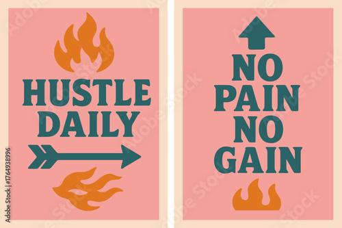 Retro Hustle Banners. Hustle daily. Two vertical A6 banners with safe margins, centered composition, no elements touching edges, retro, pink and teal, objects