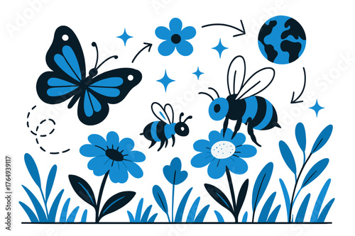 Pollinators Enhance Biodiversity. Ecology. Pollinator insects visiting flowers in meadow with abstract floating icons, arrows, and sparkles; emphasizes