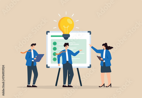 Flat illustration of business team brainstorming with checklist whiteboard and lightbulb representing collaboration and creative planning strategy