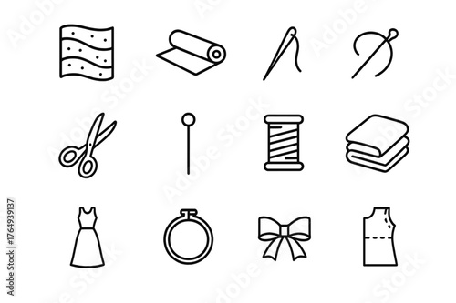 Luxury Textile Icons. Luxury textile. Line icon set of luxury textile: organza fabric, fabric roll, sewing needle, thread, scissors, pin, spool of thread,