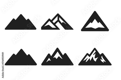 Geometric Mountain Logos. Eurasia. Set Logo of Mountain Range: Filled silhouette, Abstract geometric, Negative space, Flat solid, Symmetrical form, Stylized
