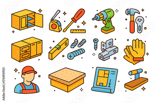 Isometric Cabinet Icons. Cabinet assembly. Colorful isometric vector icons set of cabinet assembly: upper cabinets, lower cabinets, screwdriver, drill,